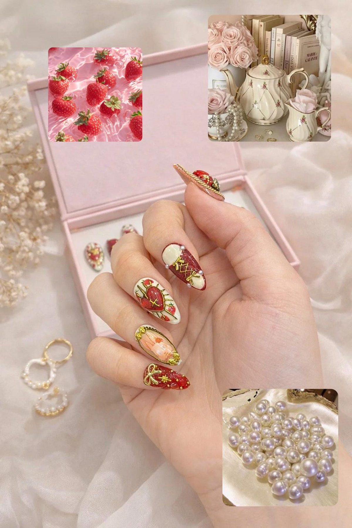 Gothic Strawberry Press On Nails | Red Heart Cross Nail Art | Luxury Handmade Press Ons | Statement Nails | OB995GC