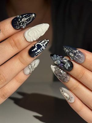 Gothic Violet Chrome Press On Nails | Black Silver Luxury Nails | 3D Baroque Floral Nails | Dark Elegant Nails | OC310HC