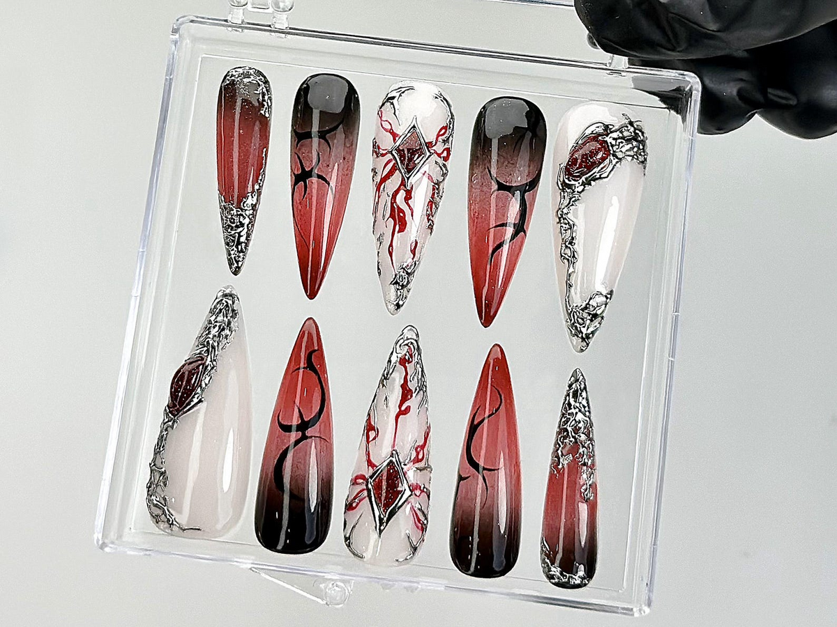 Gothic Fantasy Press On Nails | Dark Glam Fake Nails | 3D Red & Black Flame Nail Art | Handmade Dark Press Ons | Blood Nail Art | OB879YC