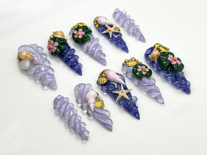 Mermaid Shell Spiral Press On Nails | Ocean-Inspired 3D Nail Art | Seashell Starfish Lilac Nails | Fairycore Beach Nail Set | OB861H
