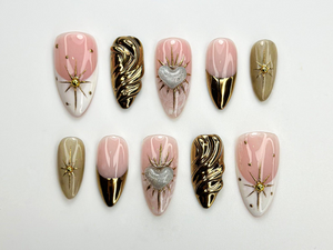 Luxury Nude Gold Almond Nails | Nude & Gold Celestial Nail Set | Handmade Chrome Swirl Nails | Elegant Cosmic Nails | OC792H