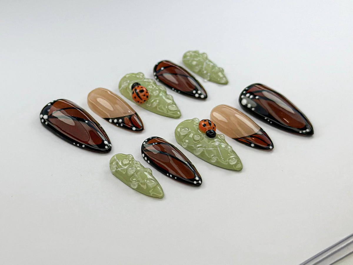 Monarch in Bloom Press On Nails | Butterfly & Bug Inspired Press Ons | Green And Brown Nail Art | Spring Nature Press On Nails | OB741H