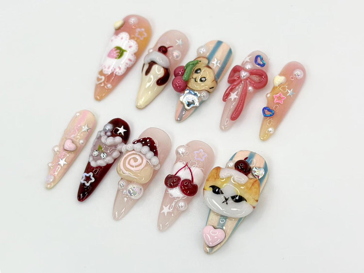 Kawaii Dessert Cat Press-On Nails | Handmade Cute Cat Nail Art | Cute 3D Kawaii Dessert Nail | 3D Handmade Nail | Elegant Nail Art | OB593HC