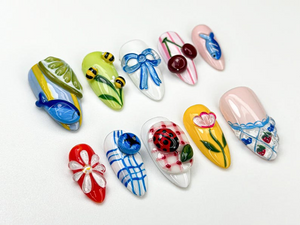 Garden Picnic Summer Press On Nails | 3D Cherry, Bee & Flower Nail Art | Summer Cottagecore Nails | Cute Colorful Press Ons | OB896HC