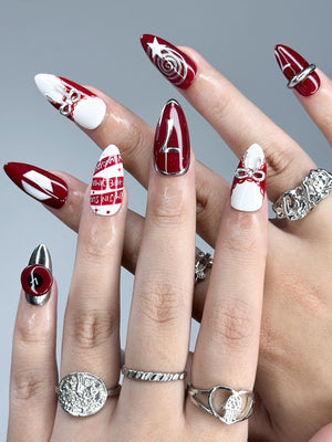 Kpop Inspired Cupid Voyage Nails | 7 Spirit Arirang Love Muse Press Ons | Red White Silver Retro Pop Nails | Coquette Fandom Nails| OC358IK