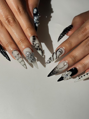 Gothic Silver Flower Press On Nails | Black White Stiletto Nails | Dark Floral Nail Set | Edgy Gothic Nails | Handmade Press Ons | OC1297HC
