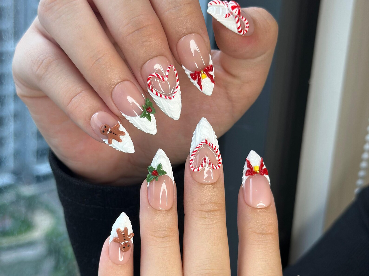 Winter Wonderland Press On Nails For Christmas | 3D Christmas Cookie Nail Art | Red White Holiday Nails | Gingerbread & Bow Press Ons | OB1197HC