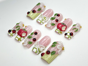 Handmade Picnic Theme Press On Nails | 3D Flower & Ladybug Nails | Cottagecore Nail Set | Pink Green Nature Nails | Handmade Nails | OB859H