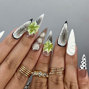 Modern Botanical Press On Nails |3D Green Flower and Gold Leaf Accents | Black & White Polka Dot Nails | OB1000EK