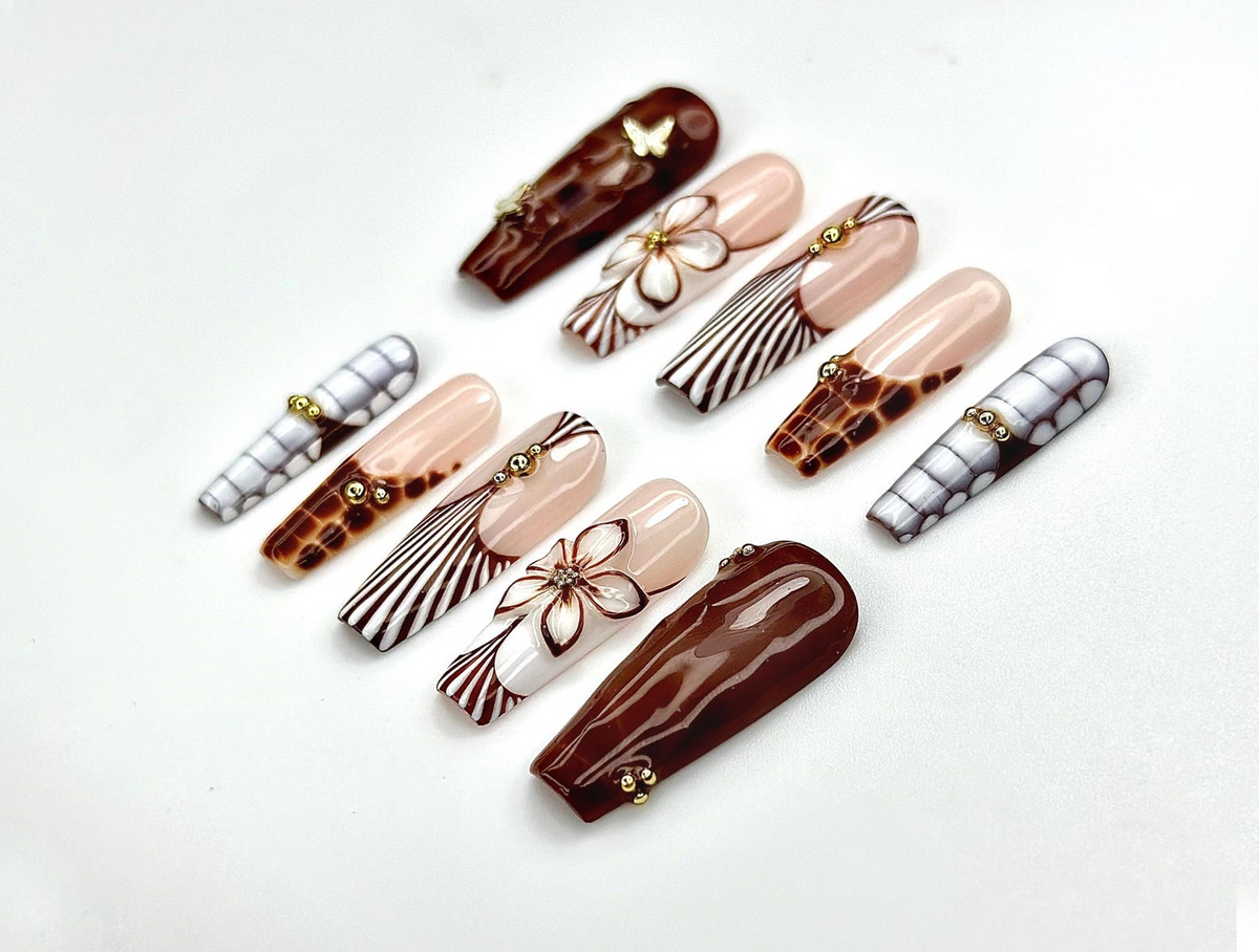 Caramel Elegance Press On Nails | Brown Marble 3D Flower Nails | Butterfly Accent & Luxe Stripe Design | Fall Long Gel Nails | OB1003EC