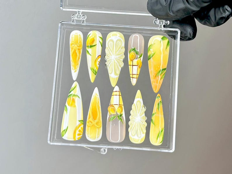 Summer Lemon Press On Nails | Hand Painted Citrus Nail Art | Fruit Design Press Ons | Glossy Fresh Fake nails | Aesthetic Nails | OB956YC