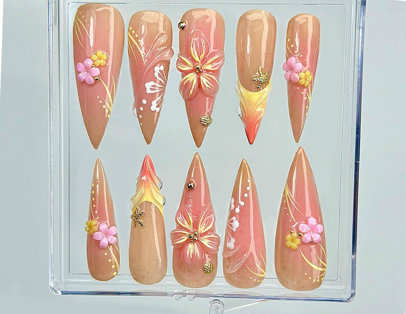 Sunset Blossom Whisper Press On Nails | 3D Pastel Flower Nail Art | Elegant Nude & Coral Tones | Handcrafted Ombre Floral Nails |OC999EK