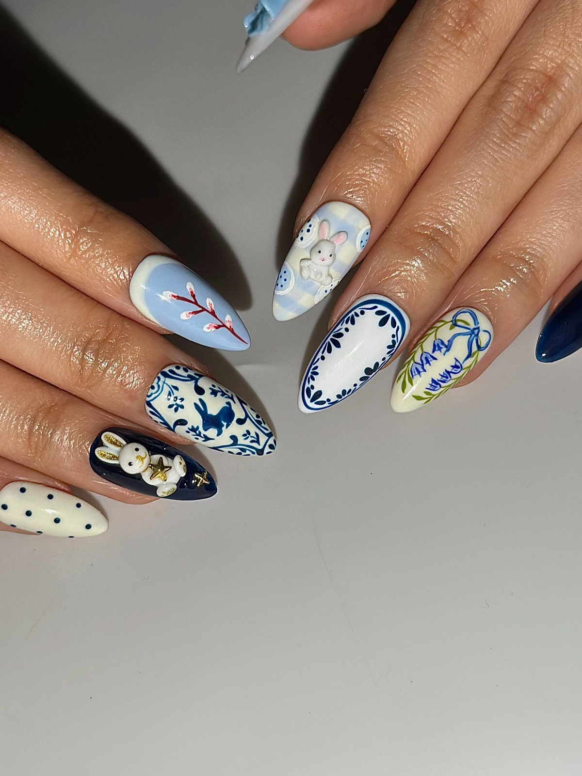 Easter Bunny Blue Press On Nails | 3D Rabbit Nail Art | Delft Blue Floral Nails | Cute Spring Easter Nail Set| Handmade Press Ons | OB1300HC