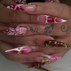 Crimson Gold Floral Press On Nails | 3D Red Floral & Gold Nail Art | Sculpted Jewel Accent Nails | Handmade Elegant Press On Set | OC992HP
