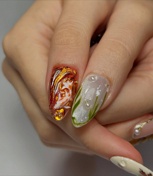 Autumn Maple Leaf Press On Nails | Fall Gold Glitter Nail Art | Orange & Cream Cozy Nails | Elegant Pearl Accent Nails |OB208EC
