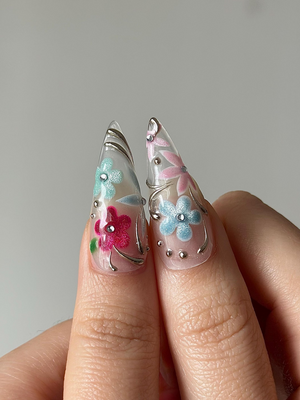 Spring Glass Floral Press On Nails | Hand Painted Flower Nails | Pastel Stiletto Nails | Elegant Floral Nail Art | Luxury Press Ons|OB1278HC