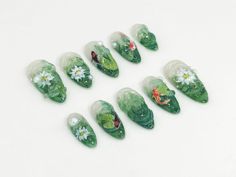 Nature Koi Fish Press On Nails | Realistic Pond & Fish Nail Design | Natural Landscape Nail Art | Custom Hand-Painted Green Nails | OB669HC