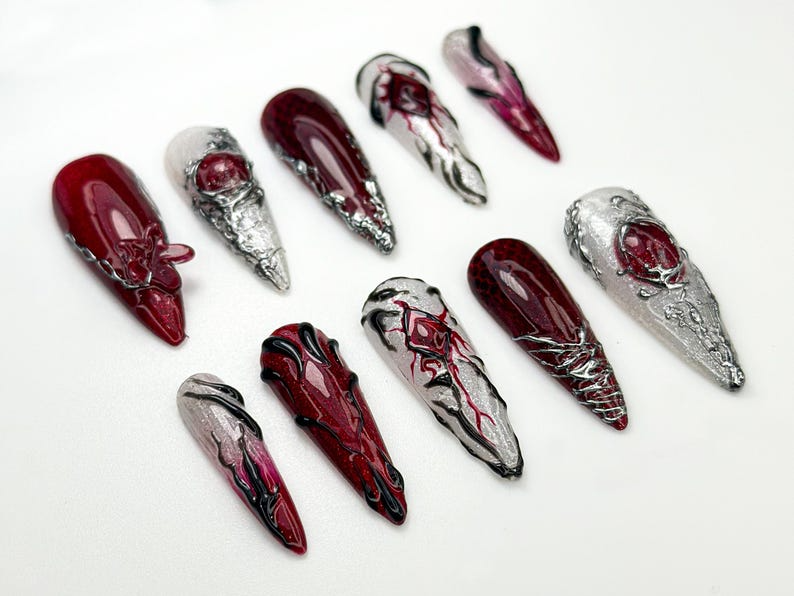 Vampire Red Gothic Press On Nails | Gothic Nail Art Set | Silver Blood Magic Nails | Dark Rune Design Press Ons | 3D Fantasy Nails | OC863HC
