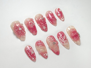 Blush Pink Floral Press On Nails | Soft Glitter Blossom Nail Set |Elegant Spring Nails | 3D Flower Nude Nail Tips | Everyday Glam | OC755HP