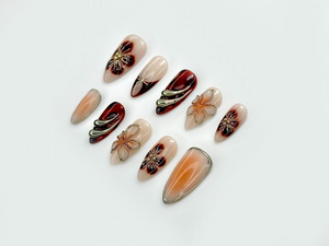 Autumn Tortoiseshell Blossom Press On Nails | Brown Nude Gradient Nail Art | 3D Floral & Metallic Accents | Elegant Long Nail Set | OB178EC