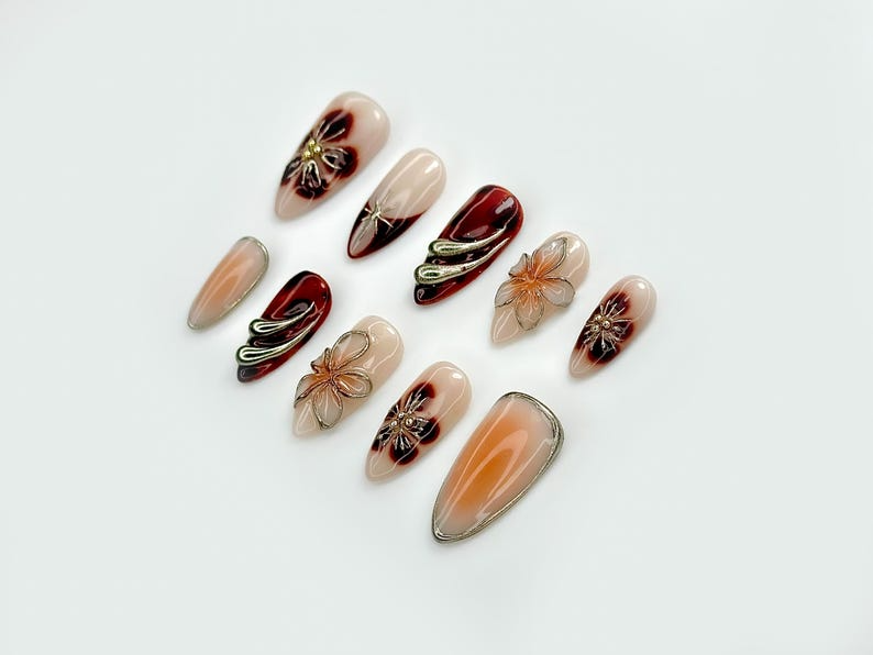 Autumn Tortoiseshell Blossom Press On Nails | Brown Nude Gradient Nail Art | 3D Floral & Metallic Accents | Elegant Long Nail Set | OB178EC