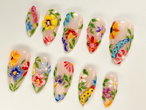 Colorful Flower Press-On Nails | Spring Flower Press Ons | 3D Flowers Fake Nails| Perfect for Special Occasions | Summer Collection |OB759YC