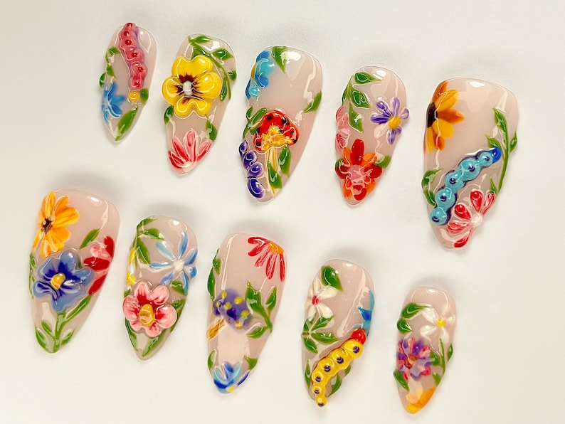 Colorful Flower Press-On Nails | Spring Flower Press Ons | 3D Flowers Fake Nails| Perfect for Special Occasions | Summer Collection |OB759YC