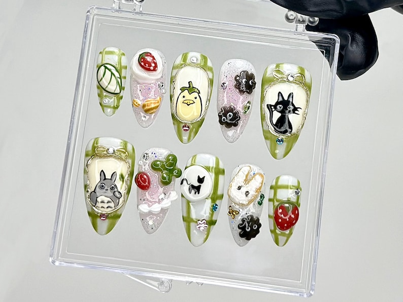 My Neighbor Totoro Press On Nails | Kawaii Ghibli Fake Nails | Totoro, Jiji, Soot Sprites Nail Art | Trendy Cartoon Kawaii Nails | OB909YC