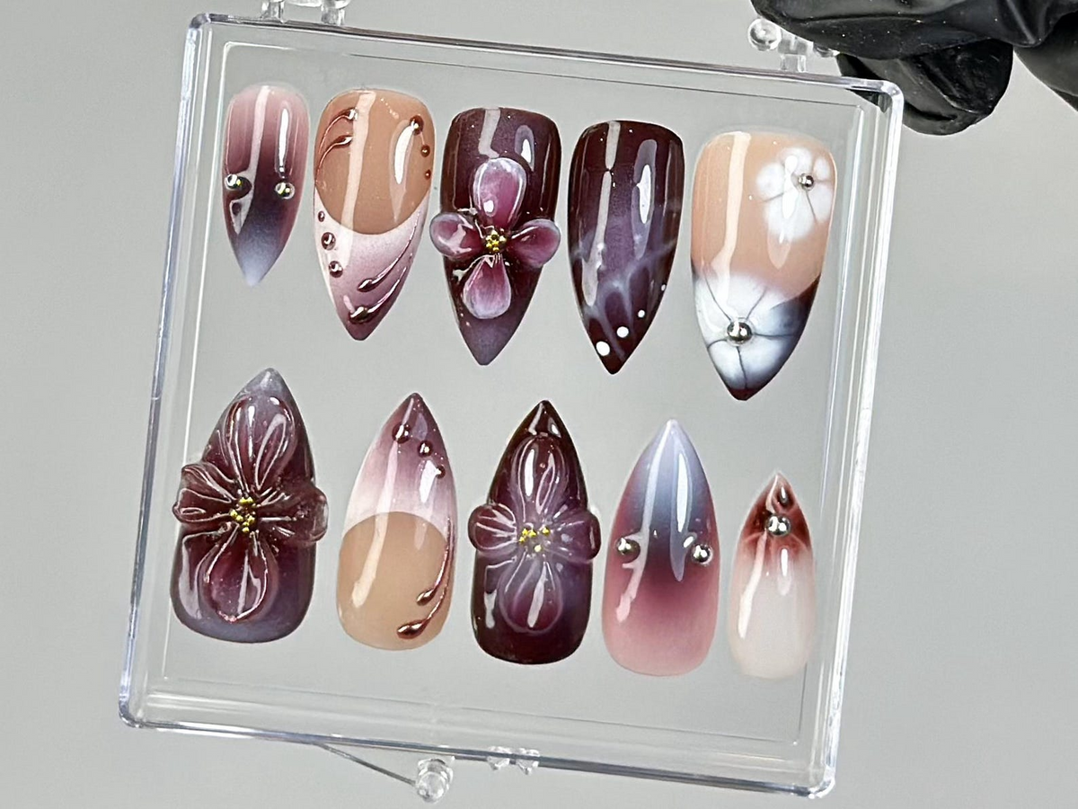 Luxury Purple Press On Nails | Glossy Ombre Press Ons | Deep Burgundy Fake Nails | 3D Blossom Nail Art | Long Almond Nails | OB746YK