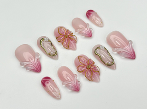Blush Bloom Elegance Press On Nails | 3D Floral Accents & Gold Details & Pink Ombre Press Ons | Wedding Nails | OC962H