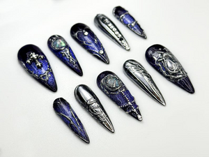 Chrome Purple Press On Nails | Midnight Cross Galaxy Nails | Gothic Celestial Nail Art | 3D Moonstone Nail Design | Mystical Nails | OC862H