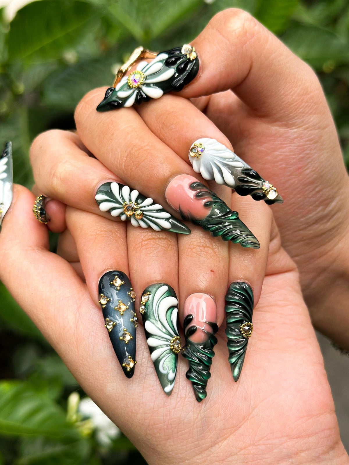 Green Black Press On Nails with 3D Floral and Gold Detail | Elegant Botanical Nails in Almond Shape | Luxury Nails | OB356NC