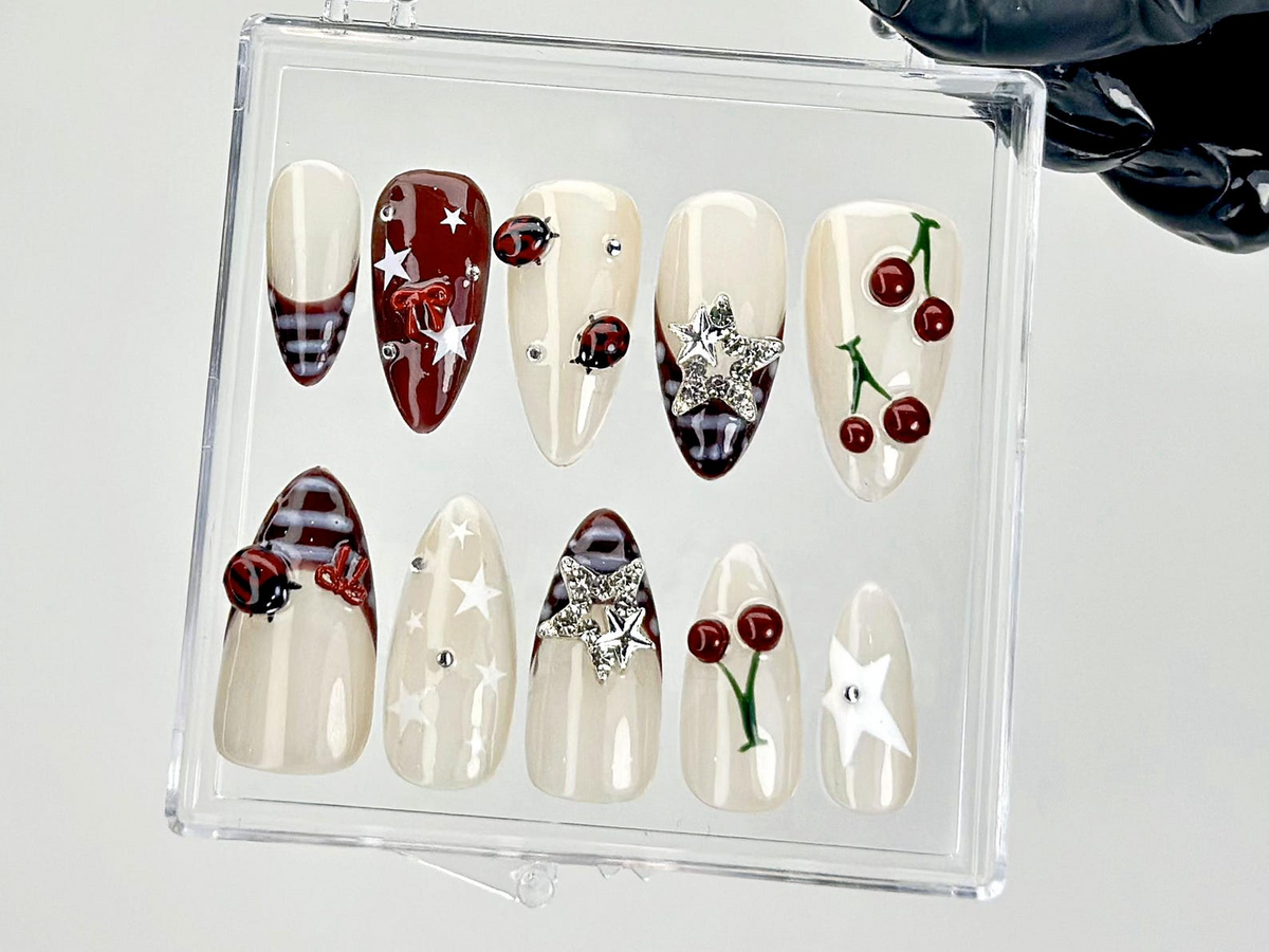 Retro Cherry Star Press On Nails | Y2K Indie Style Fake Nails | Burgundy French Tips Nail Art | 2000s Indie Inspired Press Ons | OC928YC