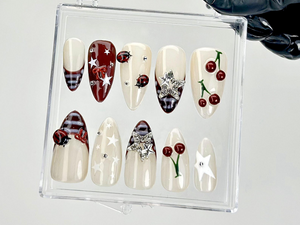 Retro Cherry Star Press On Nails | Y2K Indie Style Fake Nails | Burgundy French Tips Nail Art | 2000s Indie Inspired Press Ons | OC928YC