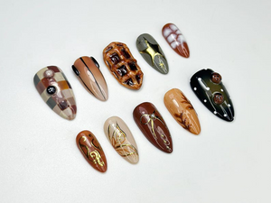 Autumn Brown Press On Nails | Cozy Fall Plaid & 3D Waffle Nail Art | Handmade Neutral Brown Nail | Rustic Autumn Inspired Press Ons |OB161HK