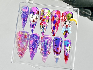 Carnival Clown Press On Nails by DoryNails | 3D Swirl & Mask Fake Nails | Harlequin 3D Nail Art | Bold Clowncore Acrylic Nails| OB797YC