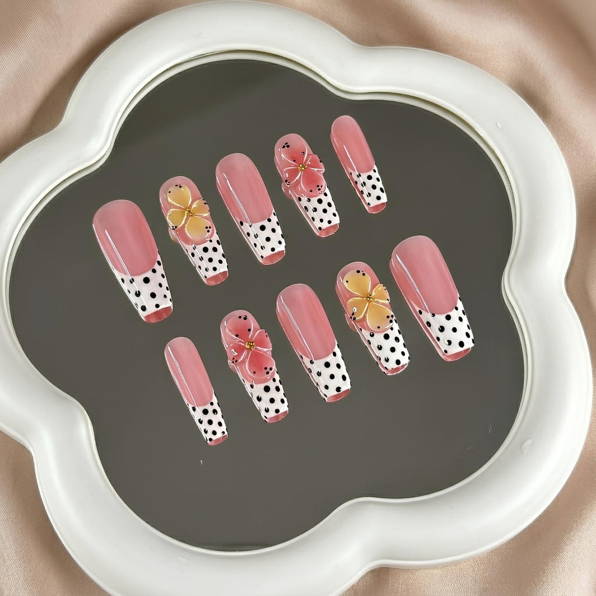 Retro Polka Dot Press On Nails | 3D Floral French Tip | Y2K Pastel Summer Nails | Bold Party Vacation | Custom Shape Handmade Set | OB1353DK