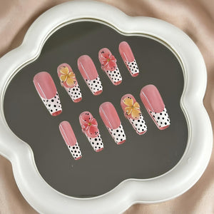 Retro Polka Dot Press On Nails | 3D Floral French Tip | Y2K Pastel Summer Nails | Bold Party Vacation | Custom Shape Handmade Set | OB1353DK