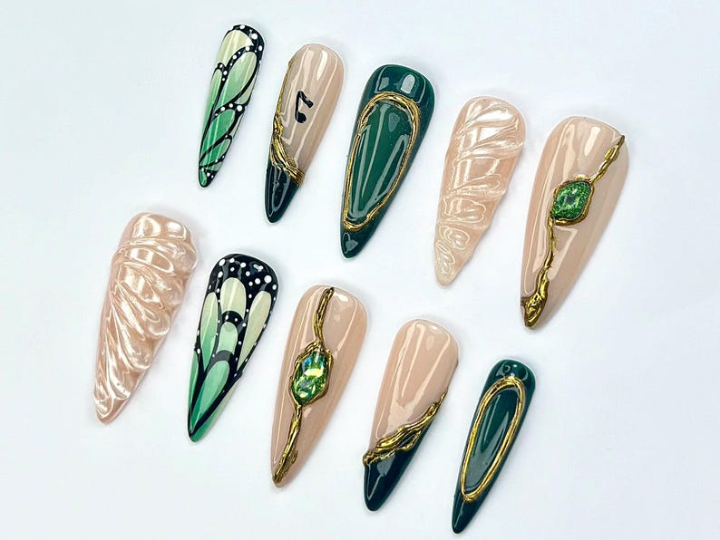 Emerald Butterfly Press On Nails | Nature Inspired Press Ons | Luxurious Green Nail Art | Shimmer Green Nail Set | Luxury Nails | OB758YC