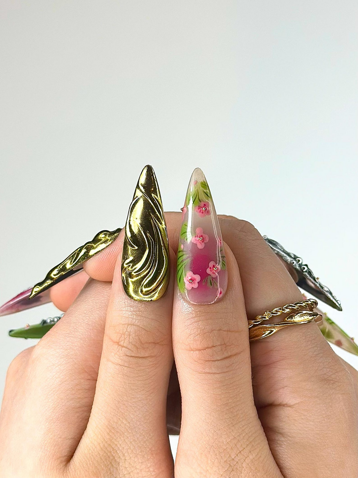 3D Luxury Floral Press On Nails | Flower Gold Chrome Nails | Handmade Statement Nail Art | Elegant Long Press Ons | OB997GK