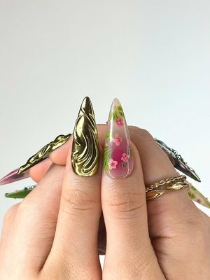 3D Luxury Floral Press On Nails | Flower Gold Chrome Nails | Handmade Statement Nail Art | Elegant Long Press Ons | OB997GK