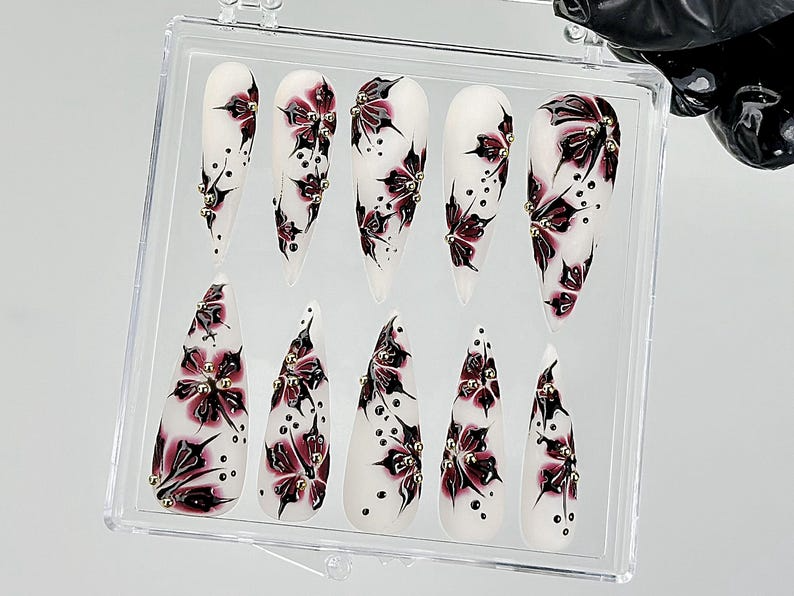 Black Red Flower Press On Nails |Gothic Floral Fantasy Nail Art |Handmade Dark Nails |OB888YC