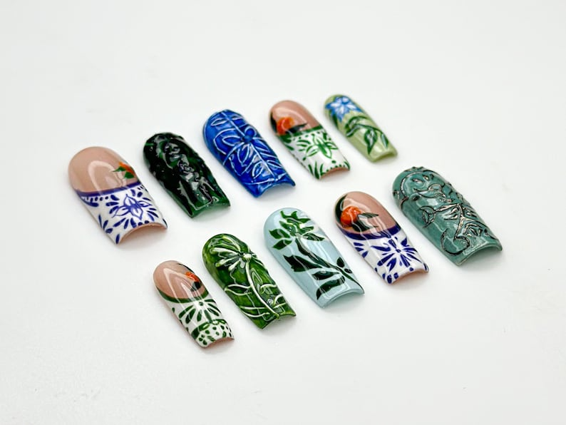 Vintage Botanical Press On Nails | Hand-Painted Ceramic-Inspired Nail Art | Green Leaf Design | Nature-Inspired Press Ons | OB933H