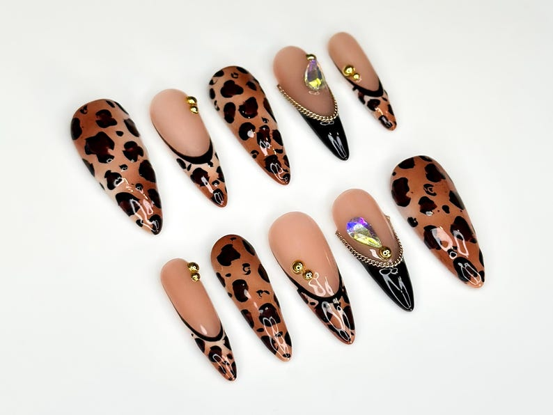 Leopard Fall Press On Nails | Animal Print Nail Art | Glam Rhinestone & Chain Nails | Handmade Long Stiletto Nails |Autumn Press Ons|OB175HC