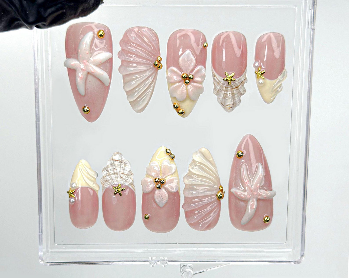 Soft Nude Seashell 3D Press On Nails | Starfish, Shell & Floral Nail Art | Handmade Pastel Nude Beach Nails | OC987EK