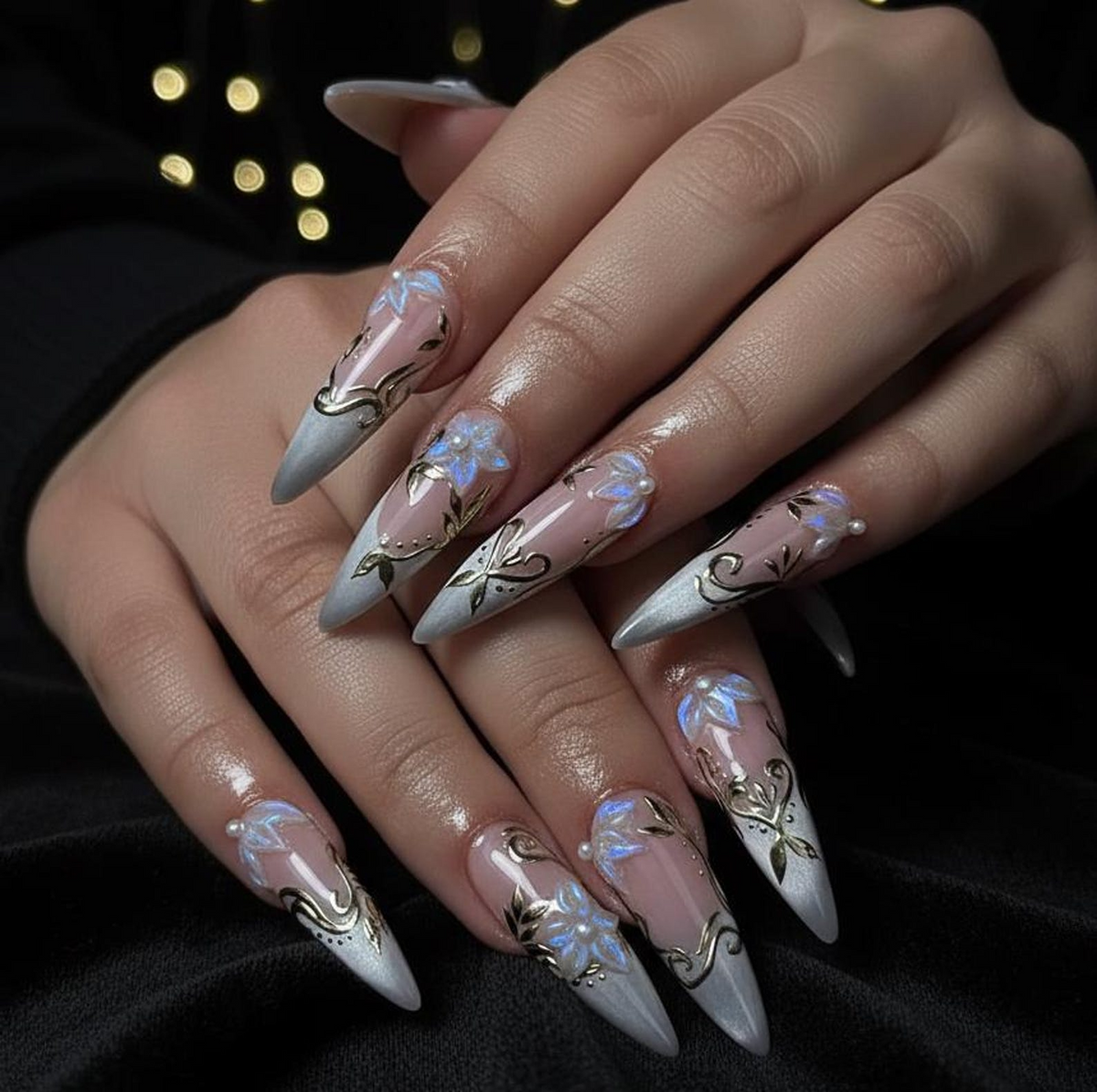 Spring Gothic Blossom Pressons Nails | Dusty Mauve Floral Nails | Iridescent 3D Flower Nail Art | Gold Vine Luxury Nail Set | OB267EC