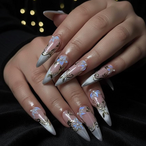 Spring Gothic Blossom Pressons Nails | Dusty Mauve Floral Nails | Iridescent 3D Flower Nail Art | Gold Vine Luxury Nail Set | OB267EC