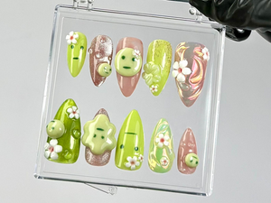 Kawaii Green Press On Nails by Dory Nails | Green & Pink 3D Nail Art | Whimsical 3D Fake Nails | Kawaii Nails with Flowers | Gifts | OC790YK