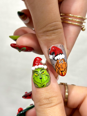 Grinch Mischief Press On Nails For Christmas | Cute Cartoon Winter Nail Art | Funny Holiday Nails | Red Green Christmas Set |OB227EG