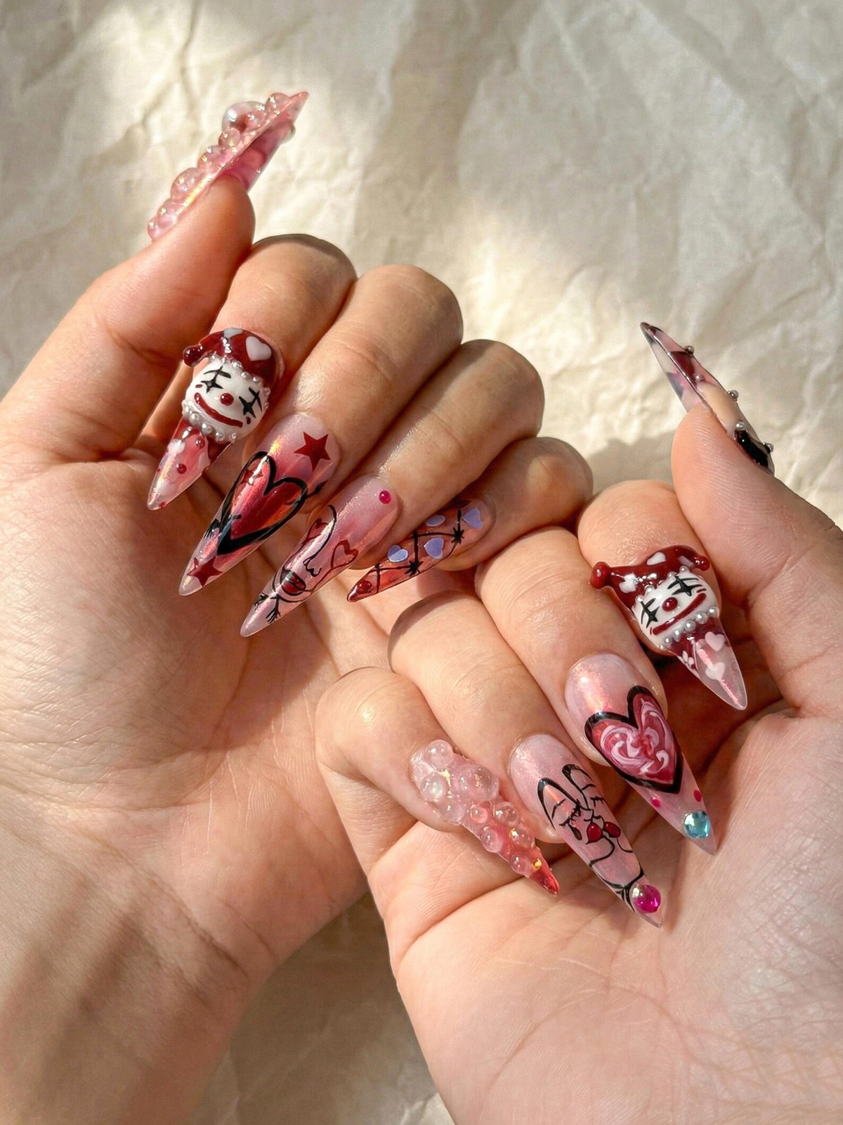 Gothic Valentine Clown Heart Press On Nails for Dark Romance Girls, Handmade Long Pink Chrome Fake Nails, Alternative Love Nail,OB278EC